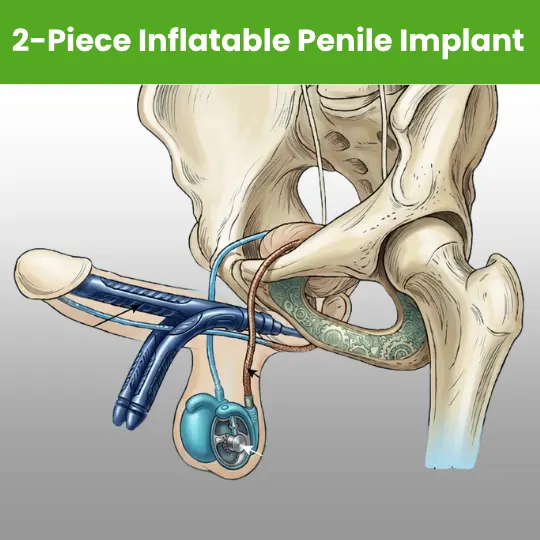 Anatomical view of a 2-piece inflatable penile implant designed for erectile dysfunction.