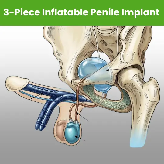 Detailed 3-piece inflatable penile implant diagram featuring the abdominal fluid reservoir.