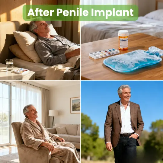 Senior man resting comfortably at home after successful inflatable penile prosthesis surgery.