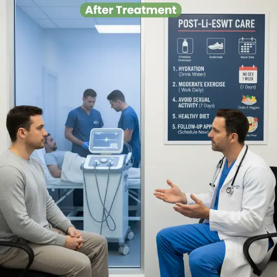 Doctor explaining recovery and Post-Li-ESWT care to a patient after penile shockwave therapy.