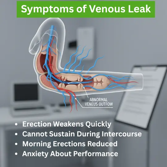 Symptoms of venous leak: weak erection, cannot sustain, reduced morning erections, performance anxiety
