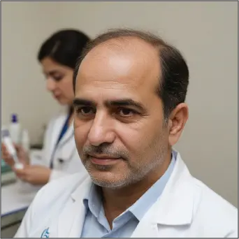 Alopecia and hair fall treatment specialist consulting with patient at clinic