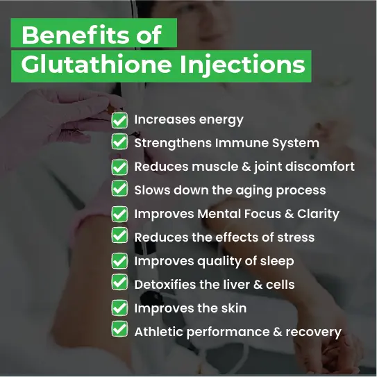 List of glutathione injection benefits including energy, immunity, and anti-aging effects