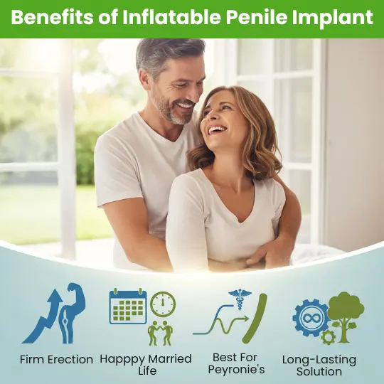 Infographic showing benefits of penile implants including firm erections and long-lasting ED solutions.