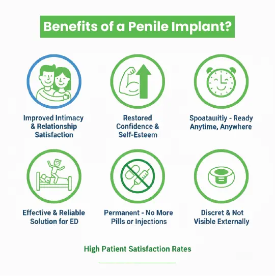 Six circular icons showing benefits of penile implants: improved intimacy and relationship satisfaction, restored confidence and self-esteem, spontaneity and readiness anytime, effective and reliable ED solution, permanent treatment without pills or injections, and discreet design not visible externally, with text noting high patient satisfaction rates