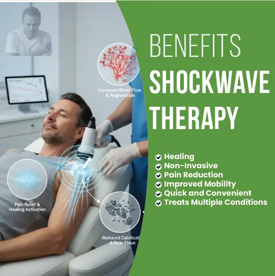 Patient receiving shockwave therapy treatment with benefits list including healing and pain reduction