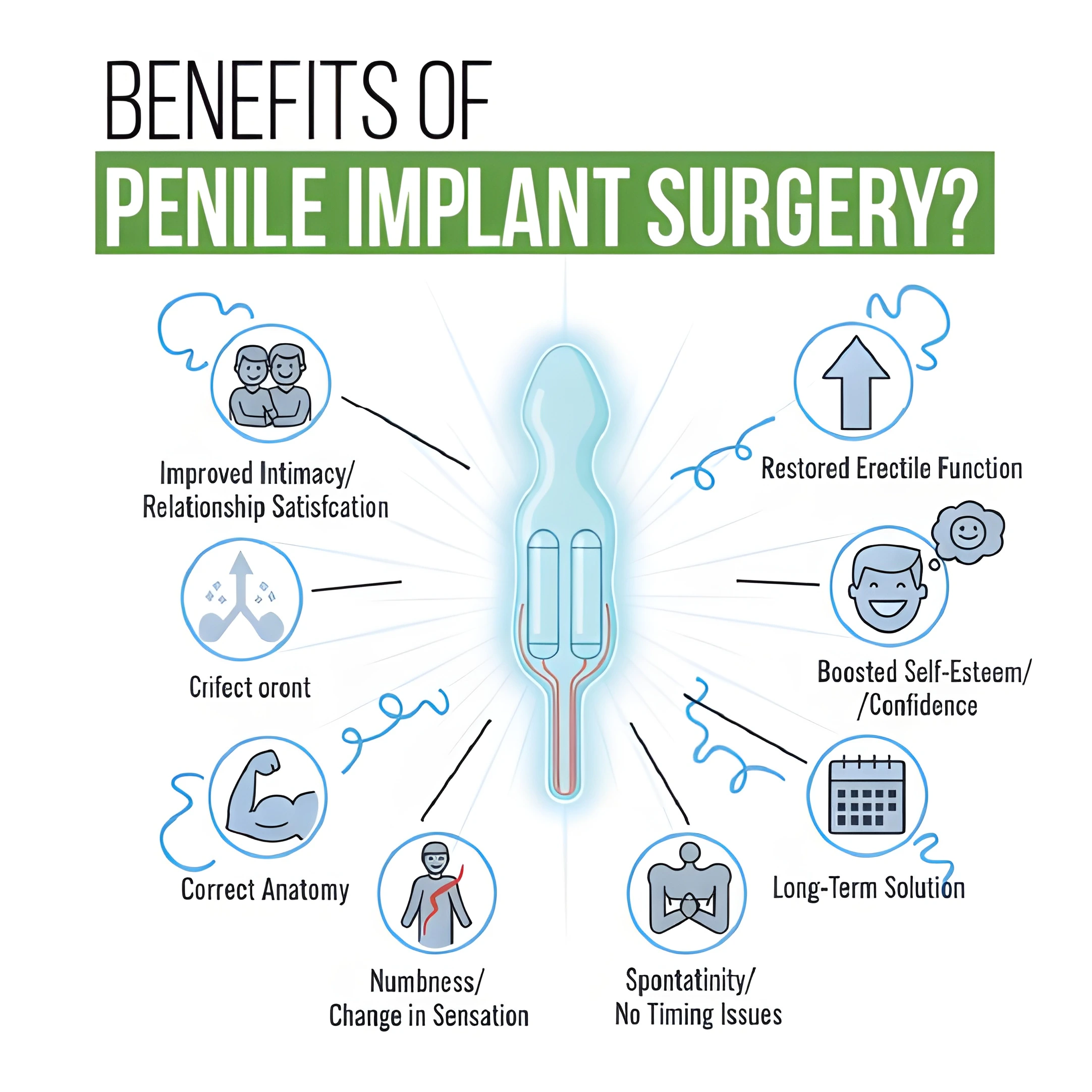 Benefits of penile implant surgery infographic showing improved intimacy and erectile function
