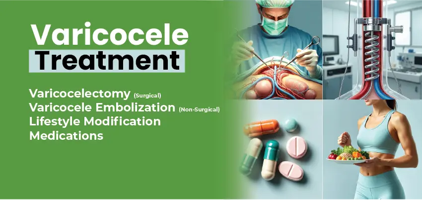 Varicocele treatment options infographic listing varicocelectomy, embolization, lifestyle modification, and medications, with supporting visuals of surgery, pills, and healthy eating.