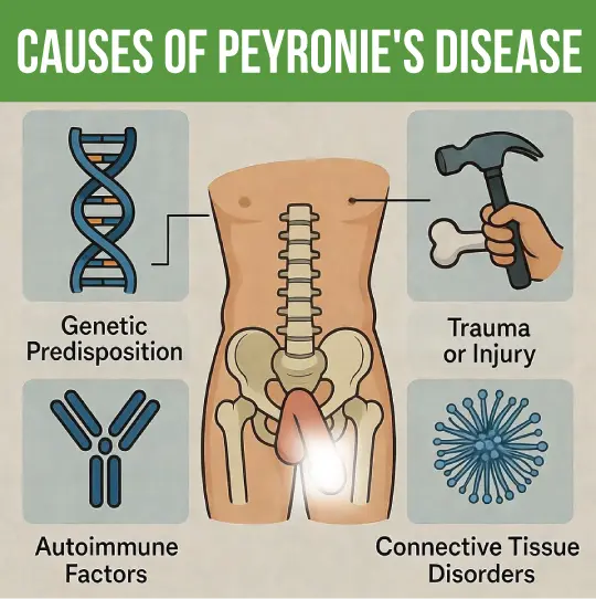 Infographic showing causes of Peyronie's disease: genetic predisposition, trauma or injury, autoimmune factors, connective tissue disorders.