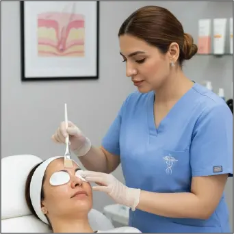 Chemical peel laser treatment on patient leg at professional dermatology clinic