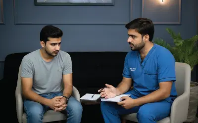 Doctor consulting with patient in clinical office setting for Psychological Counseling Ed