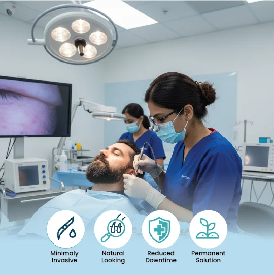 Surgeon performing a minimally invasive beard hair transplant at a professional clinic.