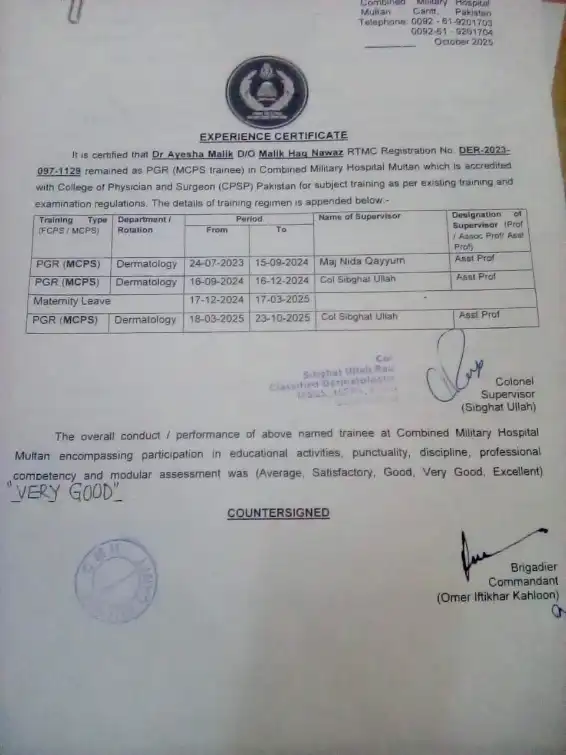 dermatology experience certificate