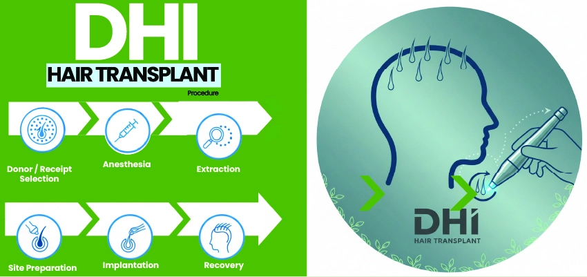 DHI hair transplant procedure steps: donor selection, anesthesia, extraction, site preparation, implantation, and recovery using Choi implanter pen.