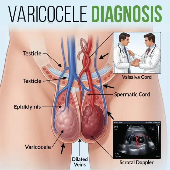 Varicocele diagnosis diagram illustrating scrotal anatomy including testicles, epididymis, spermatic cord, and dilated veins, alongside insets showing Valsalva maneuver examination and scrotal Doppler ultrasound.