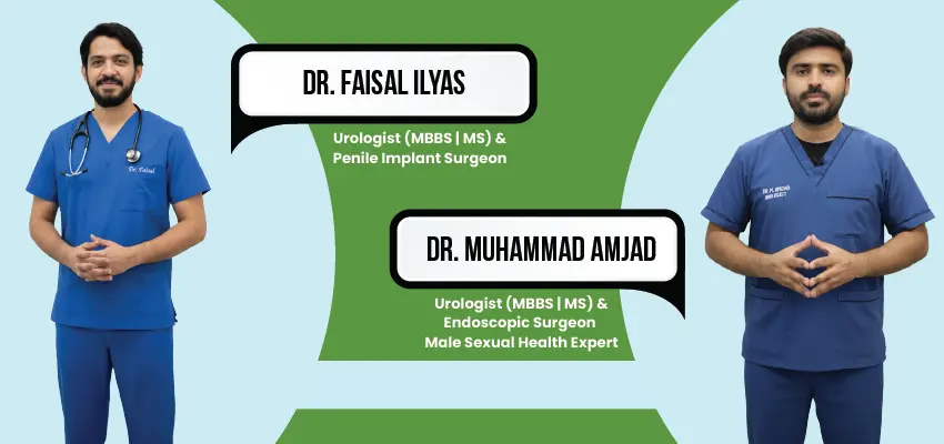 Two urologists Dr. Faisal Ilyas and Dr. Muhammad Amjad in blue scrubs on light blue and green background