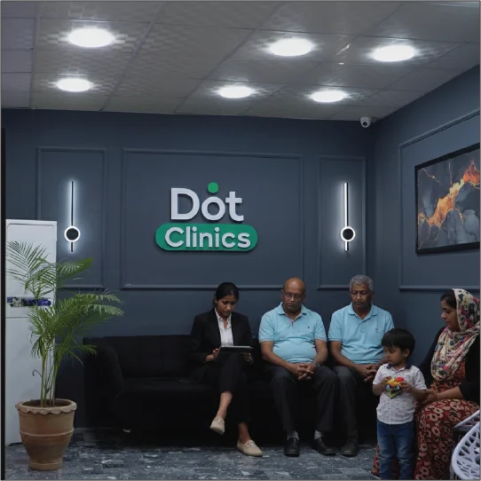 Dot Clinics Multan reception area with modern waiting room and professional healthcare facility interior