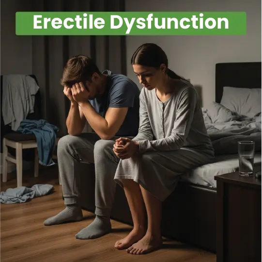 Couple sitting on bed looking distressed representing erectile dysfunction challenges