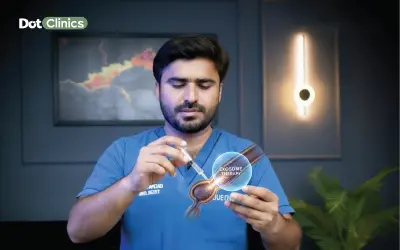 Doctor in suit holding exosome injection in clinical examination roomd