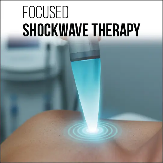 Focused shockwave therapy device emitting blue light beam onto treatment area