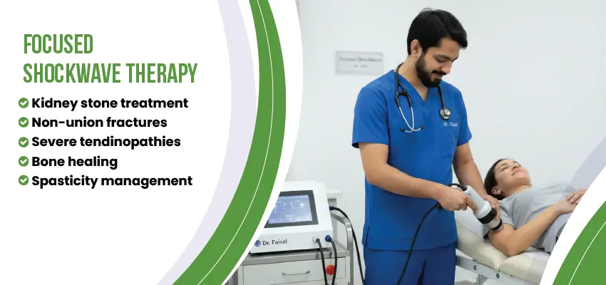 Healthcare provider performing focused shockwave therapy on patient's shoulder