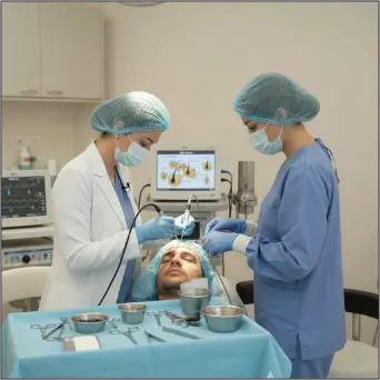 Two medical professionals wearing surgical masks and caps perform a hair transplant procedure on a male patient in a clinical operating room, using specialized instruments and medical equipment while the patient lies on a treatment bed.