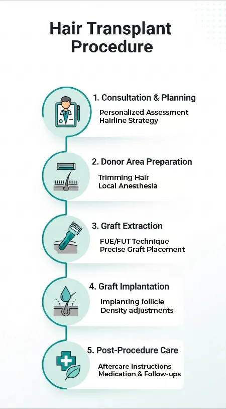 Infographic showing hair transplant process from consultation to post-procedure care Step-by-Step Hair Transplant Procedure Explained – Dot Clinics