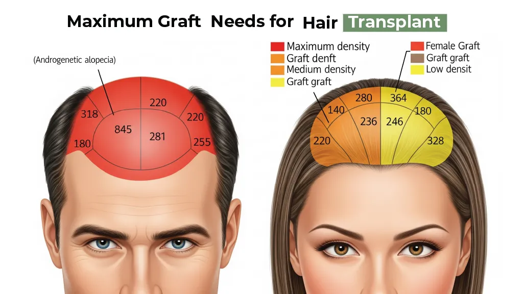 Maximum Hair Graft Requirements for Male and Female Hair Transplant Diagram showing graft density and maximum hair grafts needed for male and female hair transplant areas