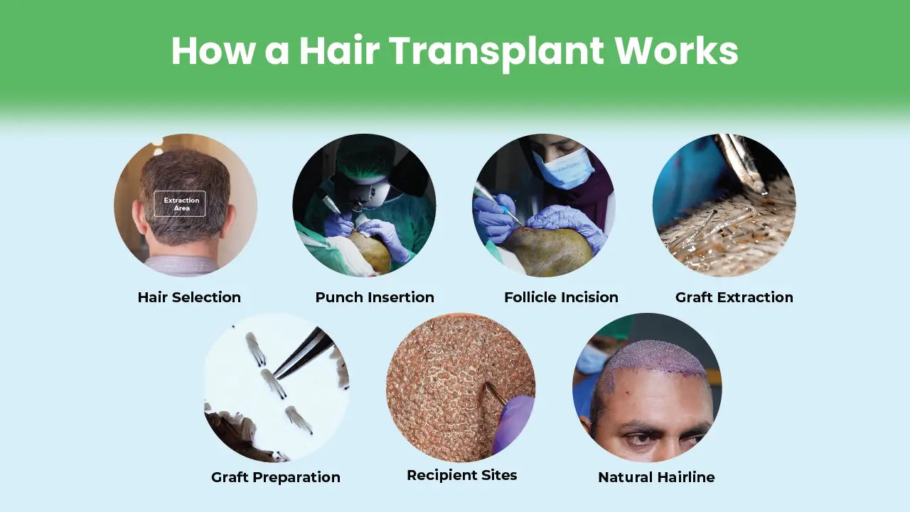 Diagram showing 7 steps of hair transplant process: hair selection, punch insertion, follicle incision, graft extraction, graft preparation, recipient sites, and natural hairline
