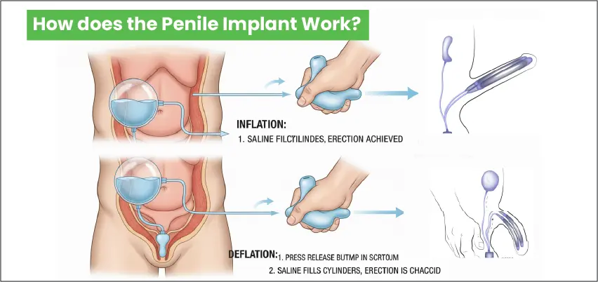Medical diagram illustrating how a three-piece inflatable penile implant works: top panel shows inflation process where squeezing pump transfers saline from reservoir into penile cylinders to achieve erection; bottom panel shows deflation process where pressing release button in scrotum drains saline back into reservoir, returning penis to flaccid state