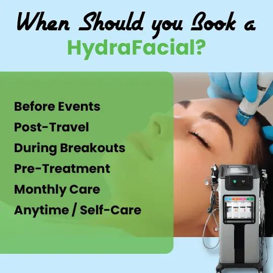 HydraFacial timing guide showing ideal occasions from before events to monthly self-care