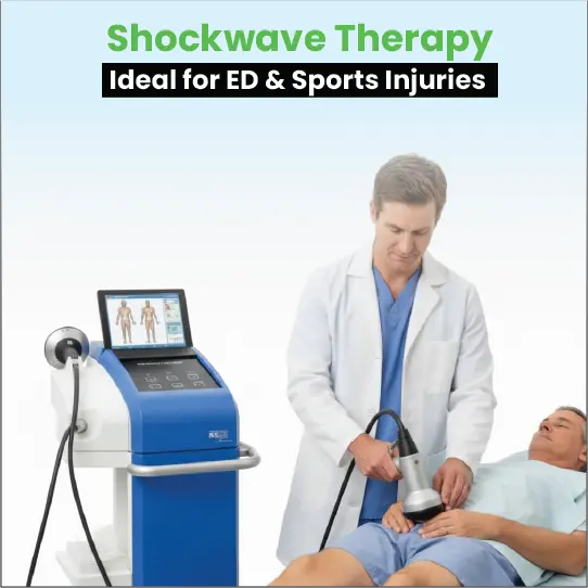 Doctor demonstrating shockwave therapy machine for treating erectile dysfunction conditions.