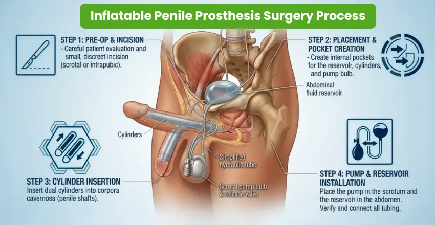 Four-step surgical process for inflatable penile prosthesis placement and installation.