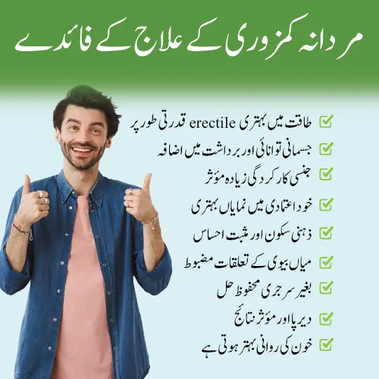 Benefits of ED/Mardana Kamzori treatment in Urdu with man giving thumbs up - improved performance and confidence