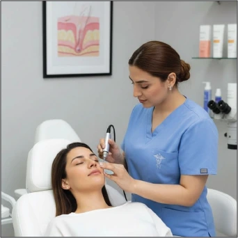 Mesotherapy treatment patient with hyperpigmentation wearing protective surgical cap