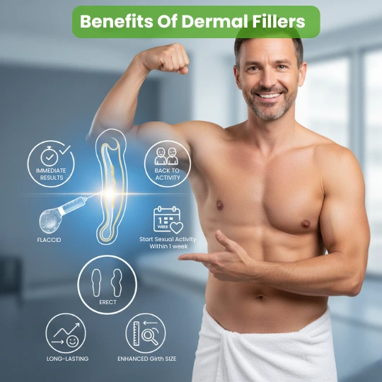 Infographic showing benefits of penile fillers: immediate results and quick recovery.