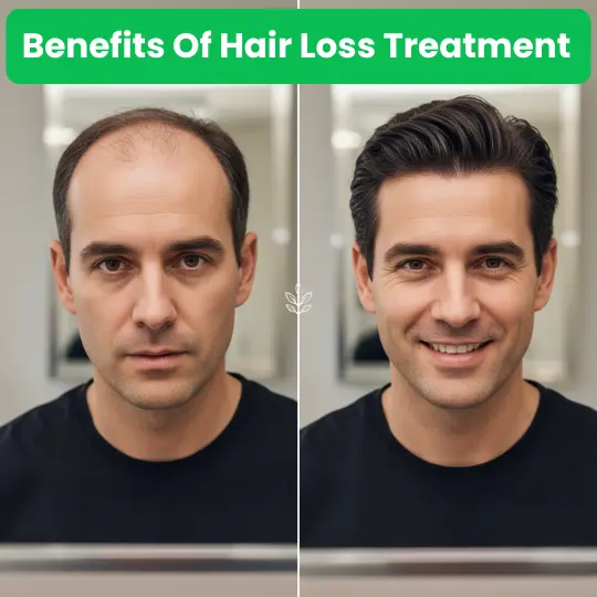 Before and after hair loss treatment results showing full hair regrowth in men