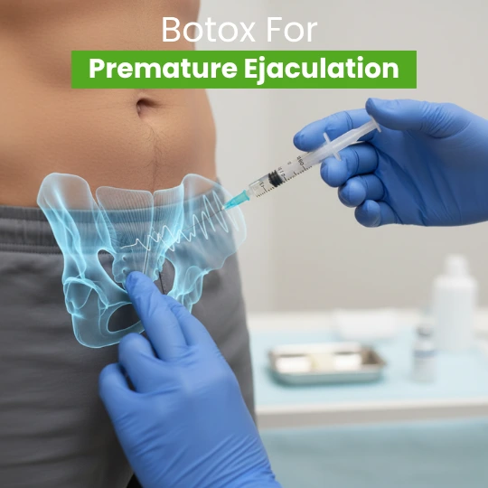 Medical illustration of Botox for premature ejaculation pelvic muscle injection.
