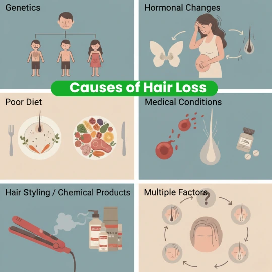 Six causes of hair loss: genetics, hormonal changes, poor diet, medical conditions, and styling