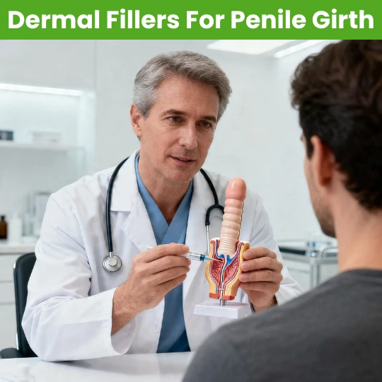 Urologist explaining non-surgical dermal fillers for penile girth enhancement to a patient.