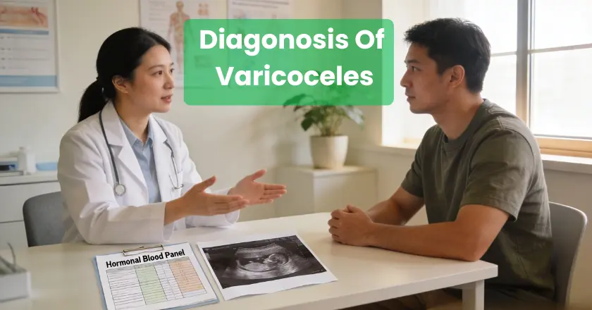 Doctor diagnosing varicoceles using hormonal blood panel and ultrasound scan results
