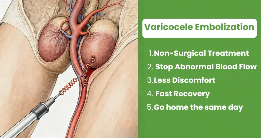 Varicocele embolization procedure benefits and non-surgical treatment steps.