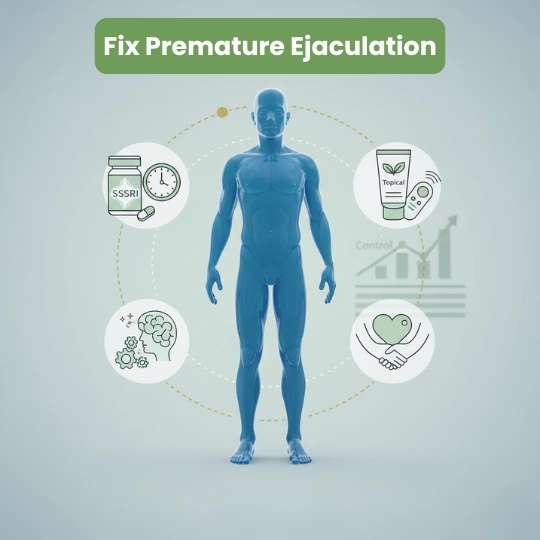 Fix Premature Ejaculation: Infographic showing SSRIs, topical creams, and behavioral control.