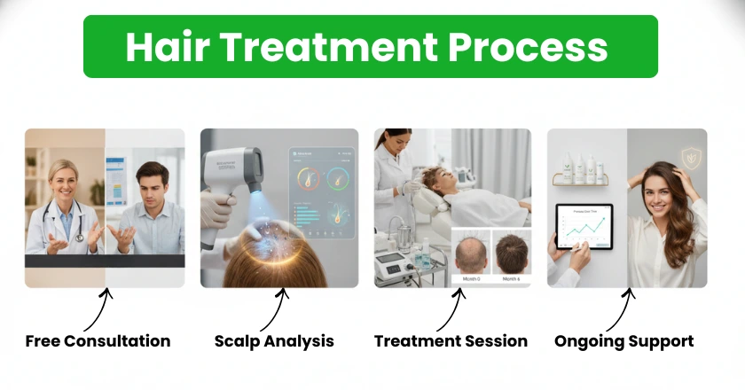 Hair treatment process: free consultation, scalp analysis, treatment session, and ongoing support