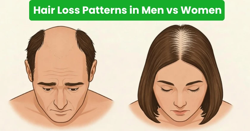 Hair loss patterns in men vs women: male crown baldness compared to female center part thinning