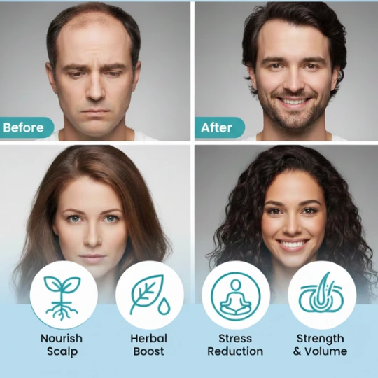 Before and after natural hair regrowth: nourish scalp, herbal boost, stress reduction, volume