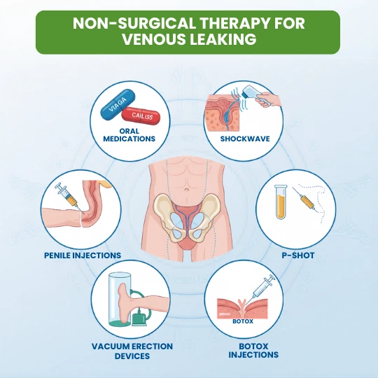 Non-surgical therapy options for venous leaking, including oral medications, shockwave therapy, P-shot, Botox injections, and vacuum devices.