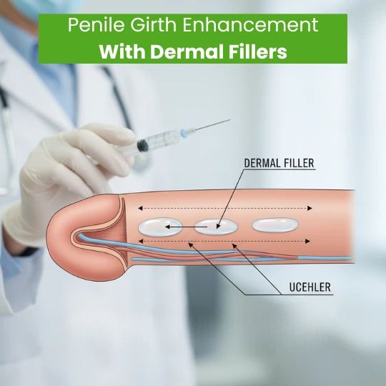Penile girth enhancement diagram showing dermal filler placement for increased thickness.