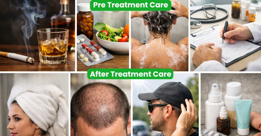 Pre and post hair treatment care: avoid smoking, eat well, wash hair, consult doctor, use products