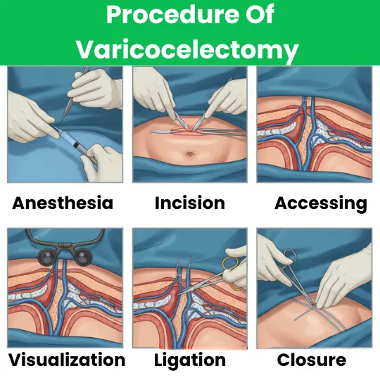 Step-by-step varicocelectomy procedure: anesthesia, incision, ligation and wound closure